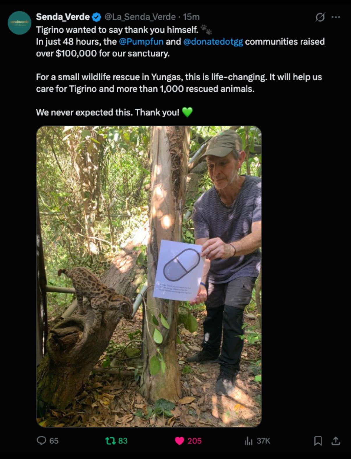 Senda Verde post recognizing the Tigrino fundraising community